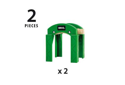 Das Bild zeigt das BRIO® Stapelbares Brückensystem 33253 mit zwei grünen Brückenteilen. Es sind insgesamt 2 Stück im Set enthalten.