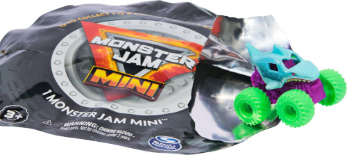Auf dem Bild ist eine „Monster Jam Mini“-Verpackung zu sehen. Daneben steht ein kleines Spielzeugauto mit einem blauen Schädel und grünen Rädern.