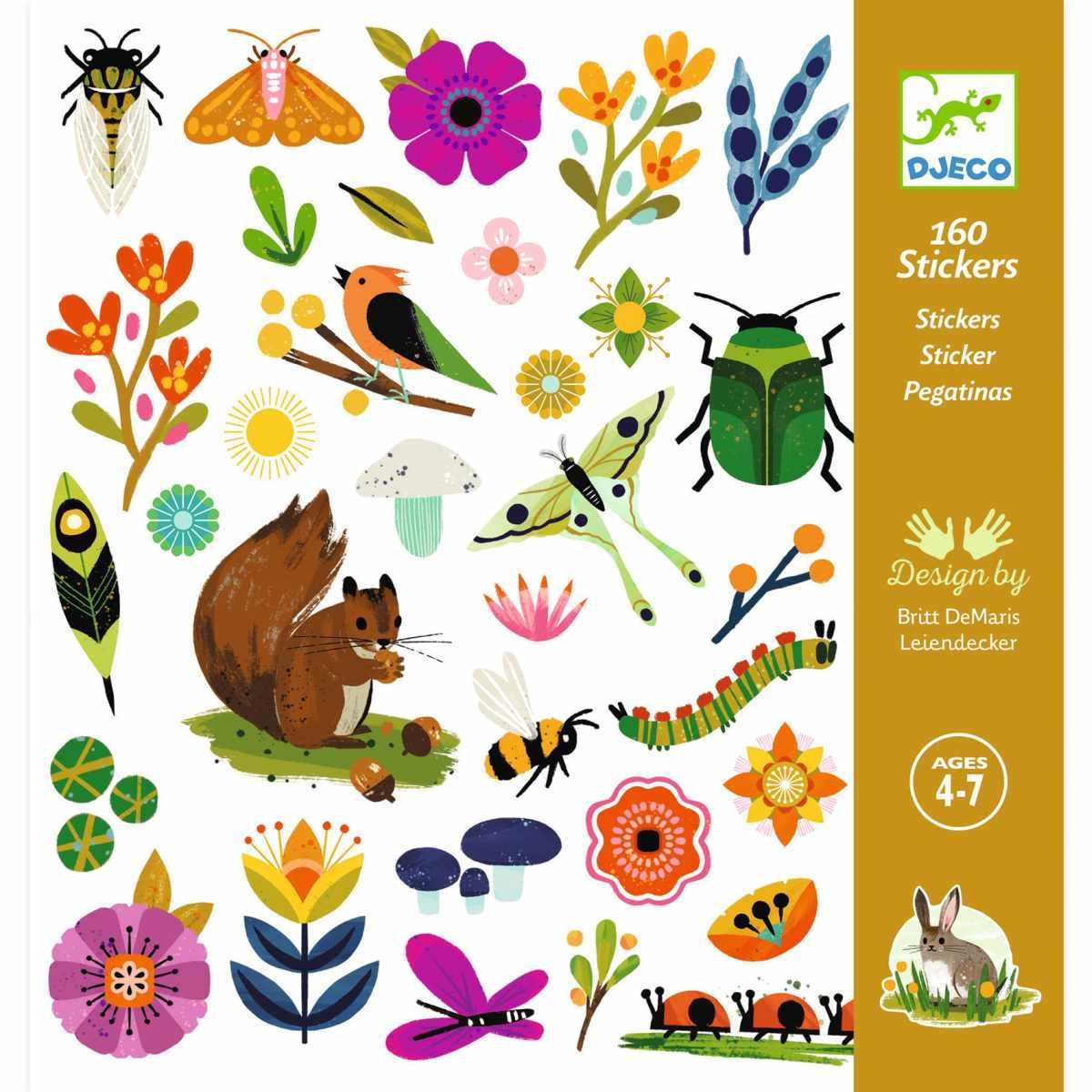 Das Bild zeigt ein Sticker-Set mit Gartenmotiven wie Tieren, Insekten, Blumen und Pflanzen. Es enthält insgesamt 160 bunte Aufkleber für Kinder im Alter von 4 bis 7 Jahren.