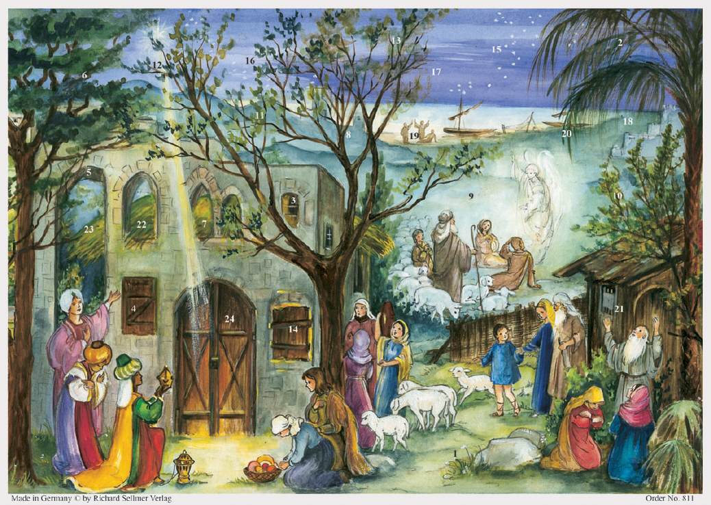 Das Bild zeigt eine bunte Darstellung der Weihnachtsgeschichte mit Maria, Josef, dem Jesuskind, Hirten und den Heiligen Drei Königen vor einem Stall in Bethlehem. Es handelt sich um einen Adventskalender mit nummerierten Türchen, die auf der Szene verteil