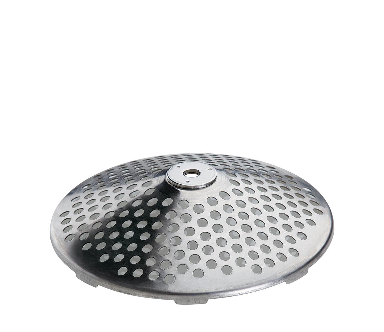 Das Bild zeigt eine Passierscheibe aus Metall mit vielen runden Löchern. Sie ist ein Teil des Profi-Passiergeräts mit 4 Passierscheiben und hat einen Durchmesser von 20 cm.