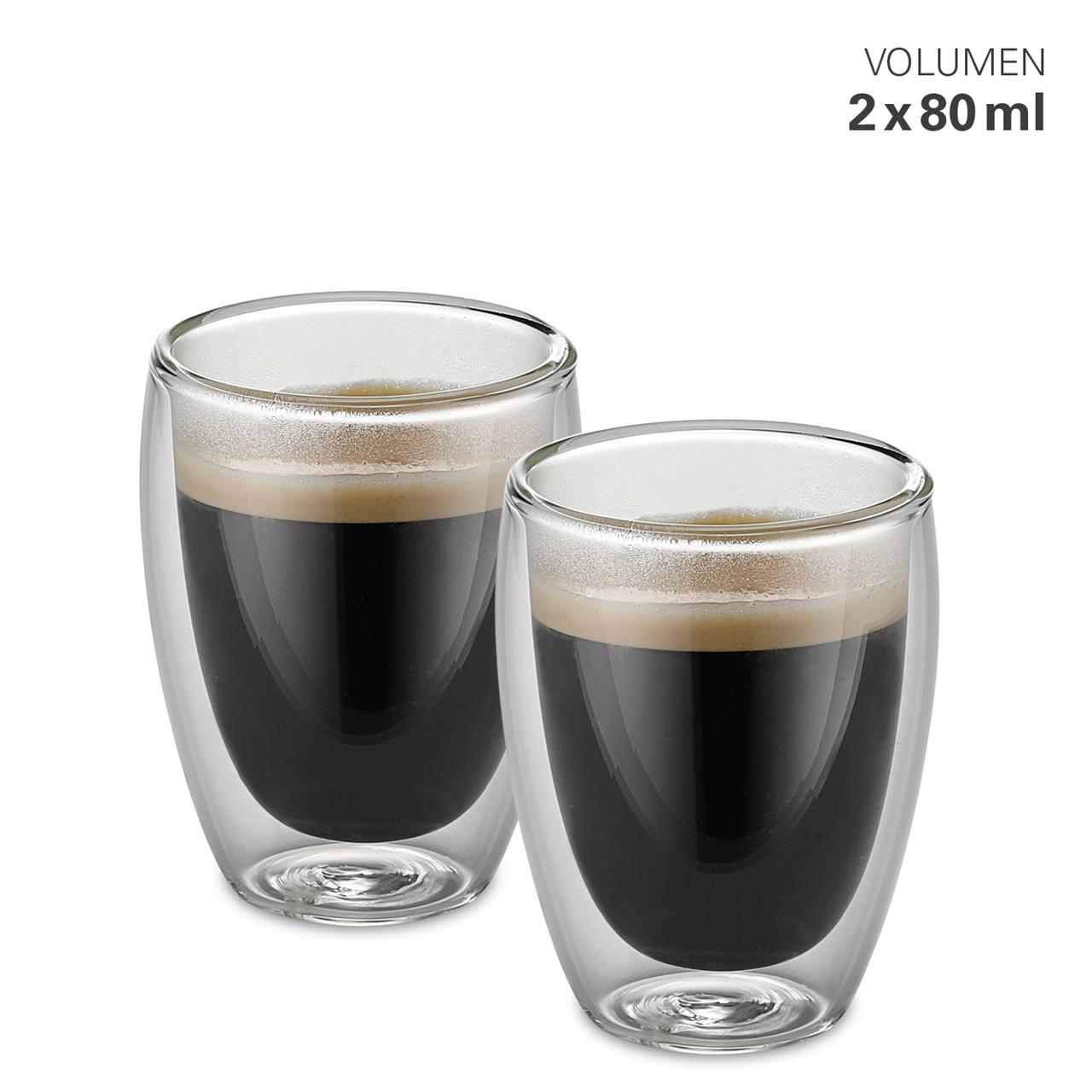 Das Bild zeigt zwei doppelwandige Gläser mit jeweils 80 ml Fassungsvermögen. Die Gläser sind mit Kaffee gefüllt und als 2er-Set erhältlich.