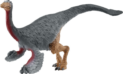 Das Bild zeigt eine Dinosaurierfigur mit grauem Gefieder und einem langen Schwanz. Die Beine und der Kopf sind braun, während der Hals rötlich gefärbt ist.
