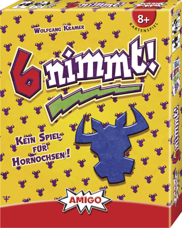 Das Bild zeigt die Verpackung des Kartenspiels "6 nimmt!" von Wolfgang Kramer. Die Schachtel ist gelb und zeigt viele kleine lila Stierköpfe sowie das Logo des Verlags AMIGO.