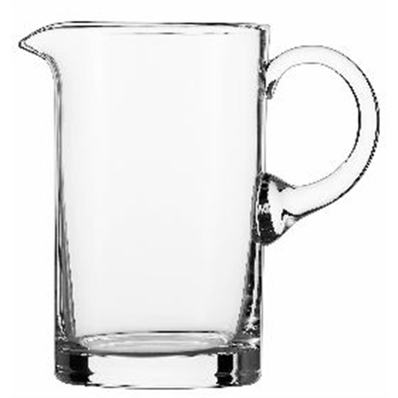 Das Bild zeigt einen klaren Glaskrug mit einem Fassungsvermögen von 1 Liter. Der Krug hat einen runden Henkel und eine Ausgießtülle.