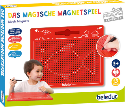 Auf dem Bild ist ein Kind zu sehen, das mit einem magnetischen Zeichenbrett spielt. Die Verpackung zeigt das Produkt "Das Magische Magnetspiel" von beleduc.