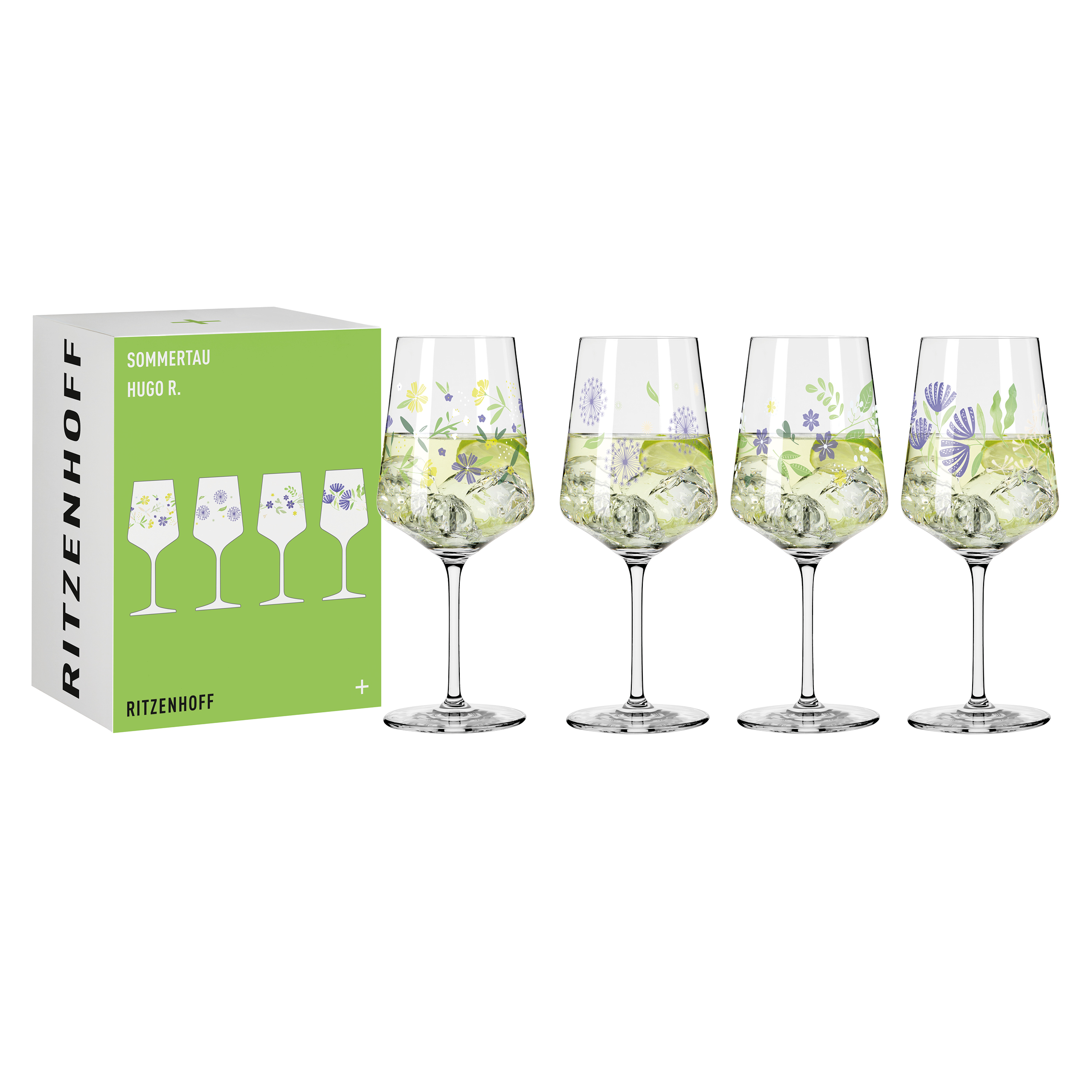 Hier sieht man das PROM Sommertau Hugo 4er-Set F25. Das Set besteht aus vier eleganten Gläsern.