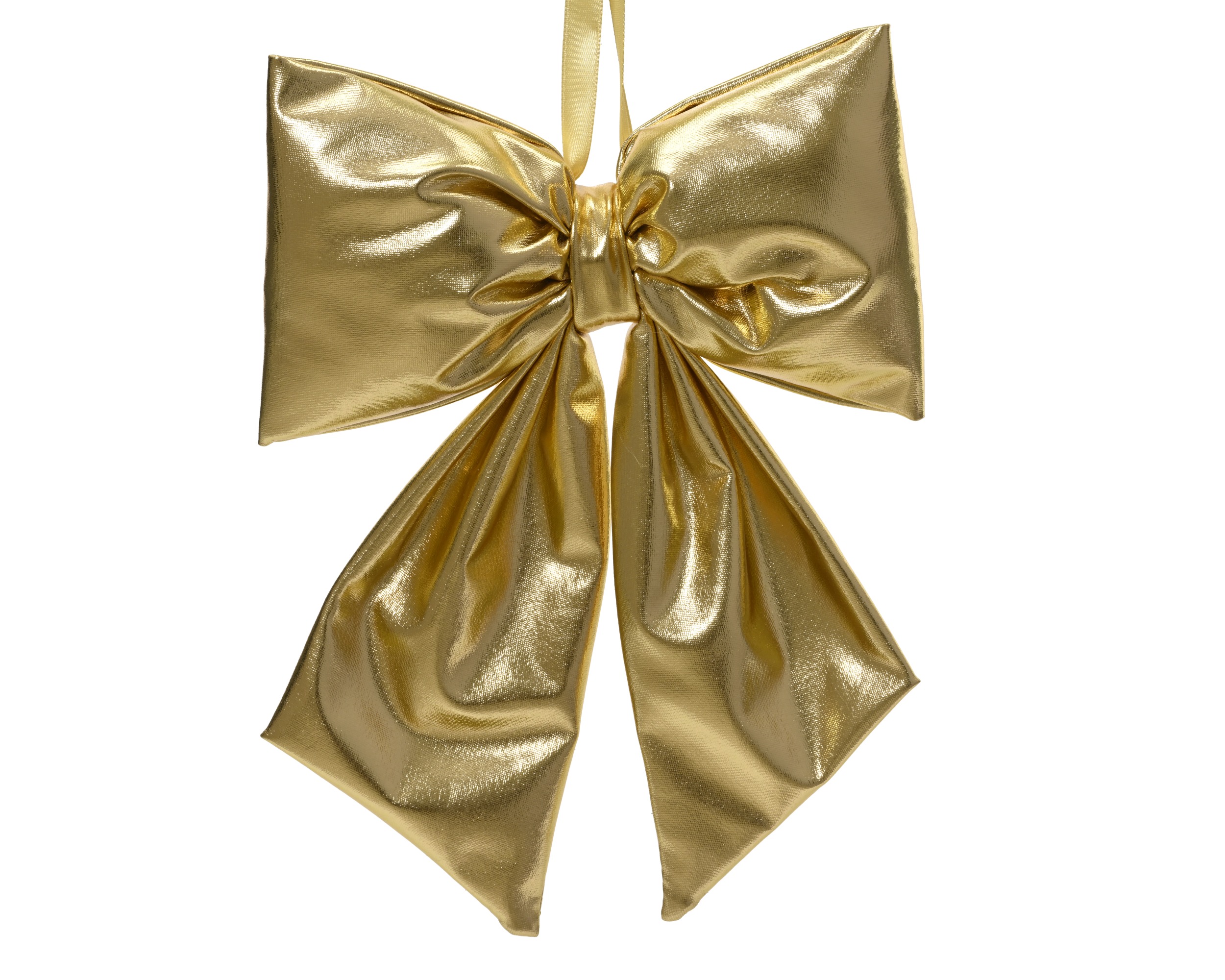 Auf dem Bild ist eine große goldene Schleife aus Polyester abgebildet. Diese Schleife kann zur Dekoration von Geschenken oder Bäumen verwendet werden.