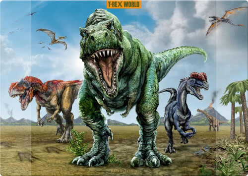 In diesem Bild sind drei verschiedene Dinosaurier zu sehen, die auf den Betrachter zulaufen, wobei der T-Rex im Vordergrund steht. Im Hintergrund fliegen Flugsaurier und weitere Dinosaurier sind auf einer Wiese zu erkennen.