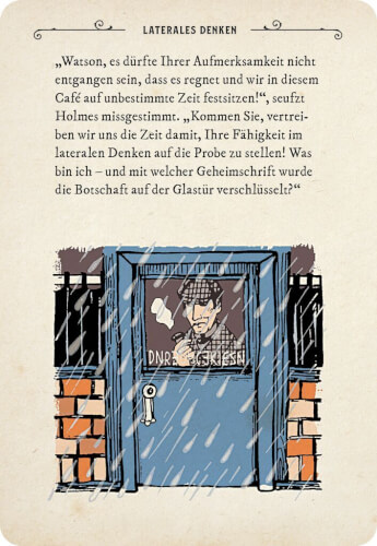 Auf dem Bild sieht man Sherlock Holmes, der in einem Café am Fenster steht und hinausblickt, während es stark regnet. Auf der Scheibe steht eine rätselhafte Botschaft, die entschlüsselt werden soll.