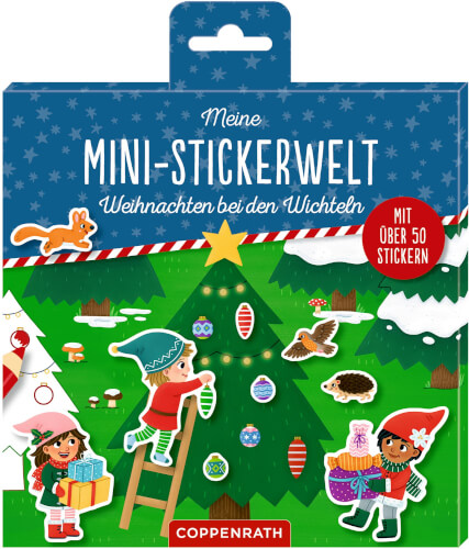Das Bild zeigt eine bunte Verpackung mit Weihnachtsmotiven und fröhlichen Wichteln, die einen geschmückten Tannenbaum umgeben. Auf der Packung steht "Meine Mini-Stickerwelt – Weihnachten bei den Wichteln" und es sind über 50 Sticker enthalten.