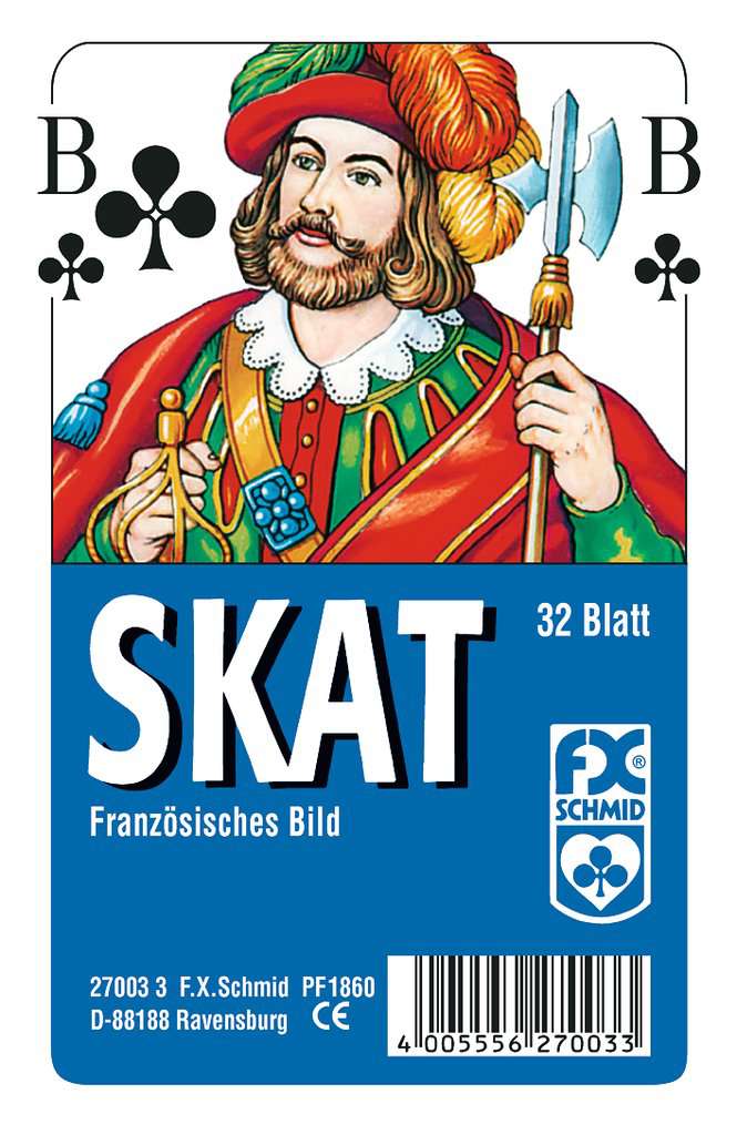Auf dem Bild ist eine Skatspielkarte mit französischem Bild zu sehen. Die Verpackung zeigt den Buben (B) der Kreuz-Farbe und den Schriftzug "SKAT".