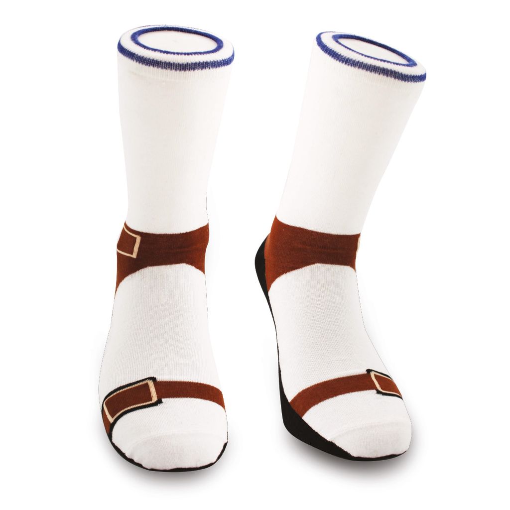 Socken Sandalen sind abgebildet. Die Socken sehen aus wie Sandalen.