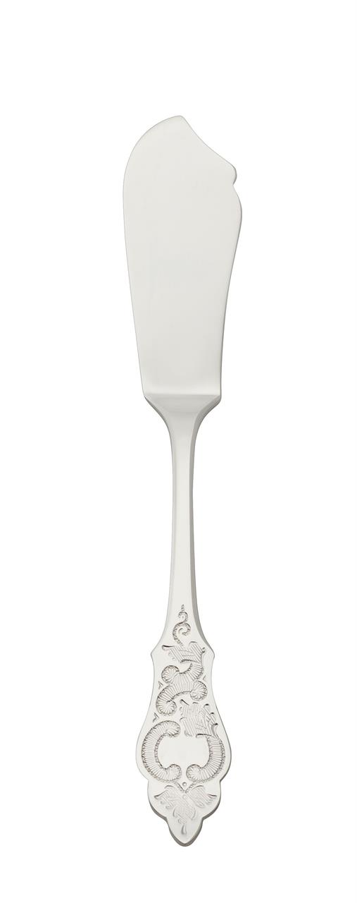 Das Bild zeigt ein Käsemesser mit einer breiten, flachen Klinge. Der Griff ist kunstvoll verziert und wirkt elegant.