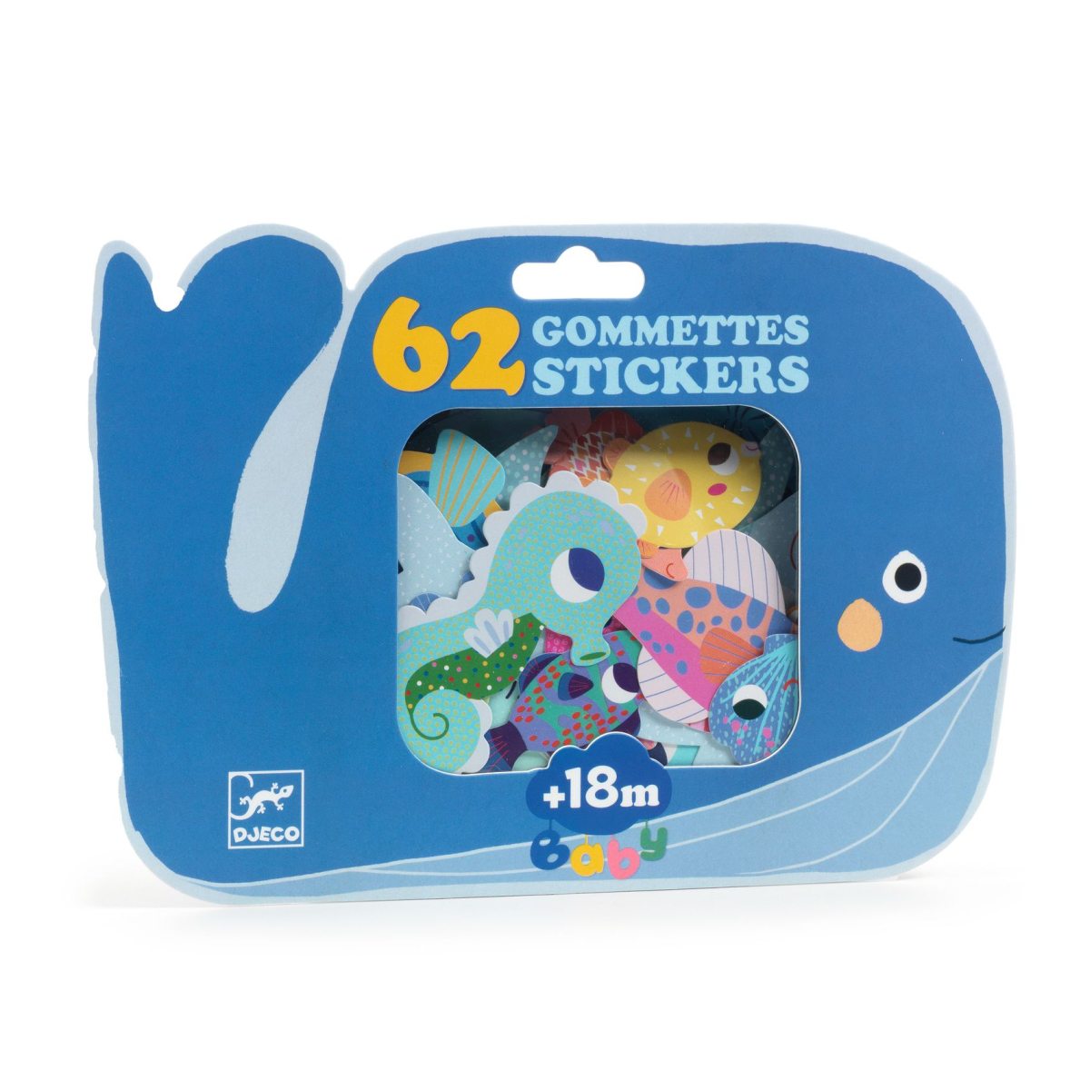 Die Verpackung zeigt das Produkt "Sticker: Meerestiere, 62 Stück" in Form eines blauen Wals. Im Inneren befinden sich bunte Sticker mit verschiedenen Meeresmotiven, geeignet für Kinder ab 18 Monaten.
