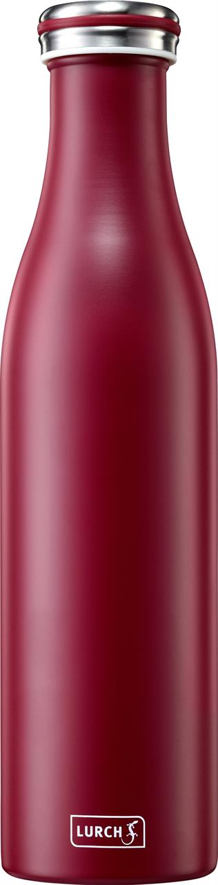 Die Abbildung zeigt eine Isolierflasche aus Edelstahl mit einem Fassungsvermögen von 0,75 Litern in der Farbe Bordeaux. Auf der Vorderseite ist das Logo der Marke Lurch zu sehen.
