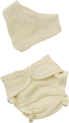 Auf dem Bild sind ein beiger Stoff-Babylatz und eine passende Stoffwindel zu sehen. Beide Teile bestehen aus weichem, strukturiertem Material.