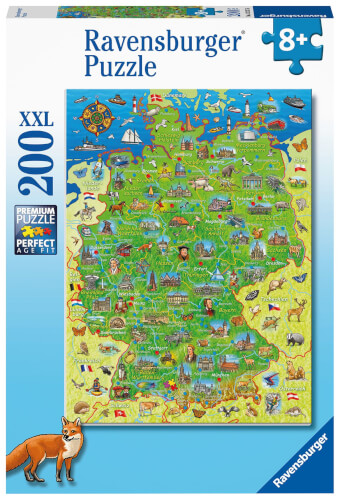 Dies ist ein Ravensburger Puzzle mit einer Deutschlandkarte und vielen bunten Illustrationen. Das Puzzle hat 200 XXL-Teile und ist für Kinder ab 8 Jahren geeignet.