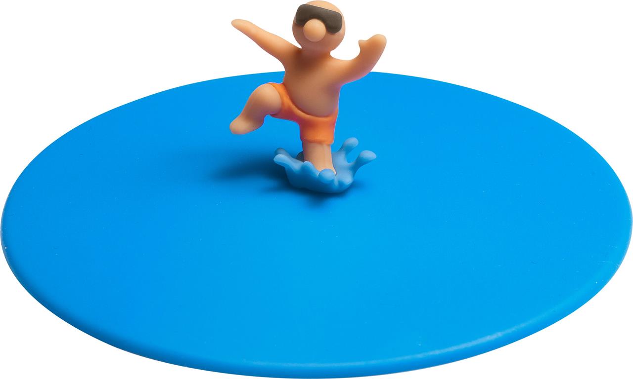 Auf dem Bild ist ein blauer Deckel mit einer kleinen Figur darauf zu sehen. Die Figur trägt eine Sonnenbrille und orangene Badehose und steht fröhlich in einer Wasserpfütze.