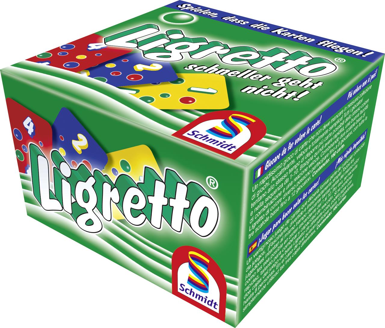 Die Abbildung zeigt die grüne Verpackung des Kartenspiels "Ligretto®" von Schmidt Spiele. Auf der Schachtel sind bunte Spielkarten und der Schriftzug "schneller geht nicht!" zu sehen.