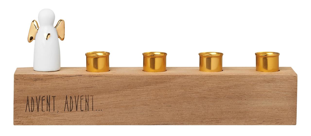 Leuchter Adventsengel gold für die Adventsdekoration. Das Produkt ist kunstvoll gestaltet und festlich.