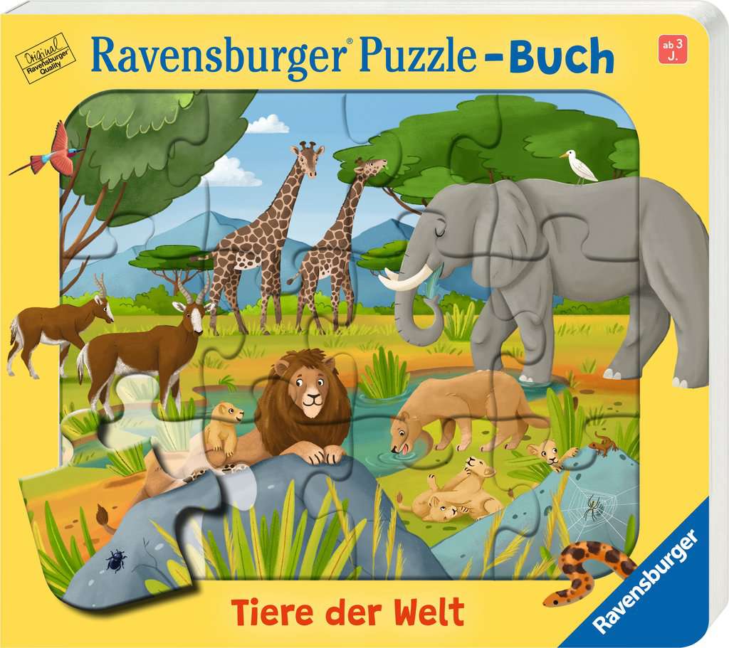 Das Bild zeigt das Produkt "Ravensburger Puzzle-Buch Tiere der Welt". Auf dem Cover sind verschiedene wilde Tiere wie Löwen, Giraffen und ein Elefant abgebildet.