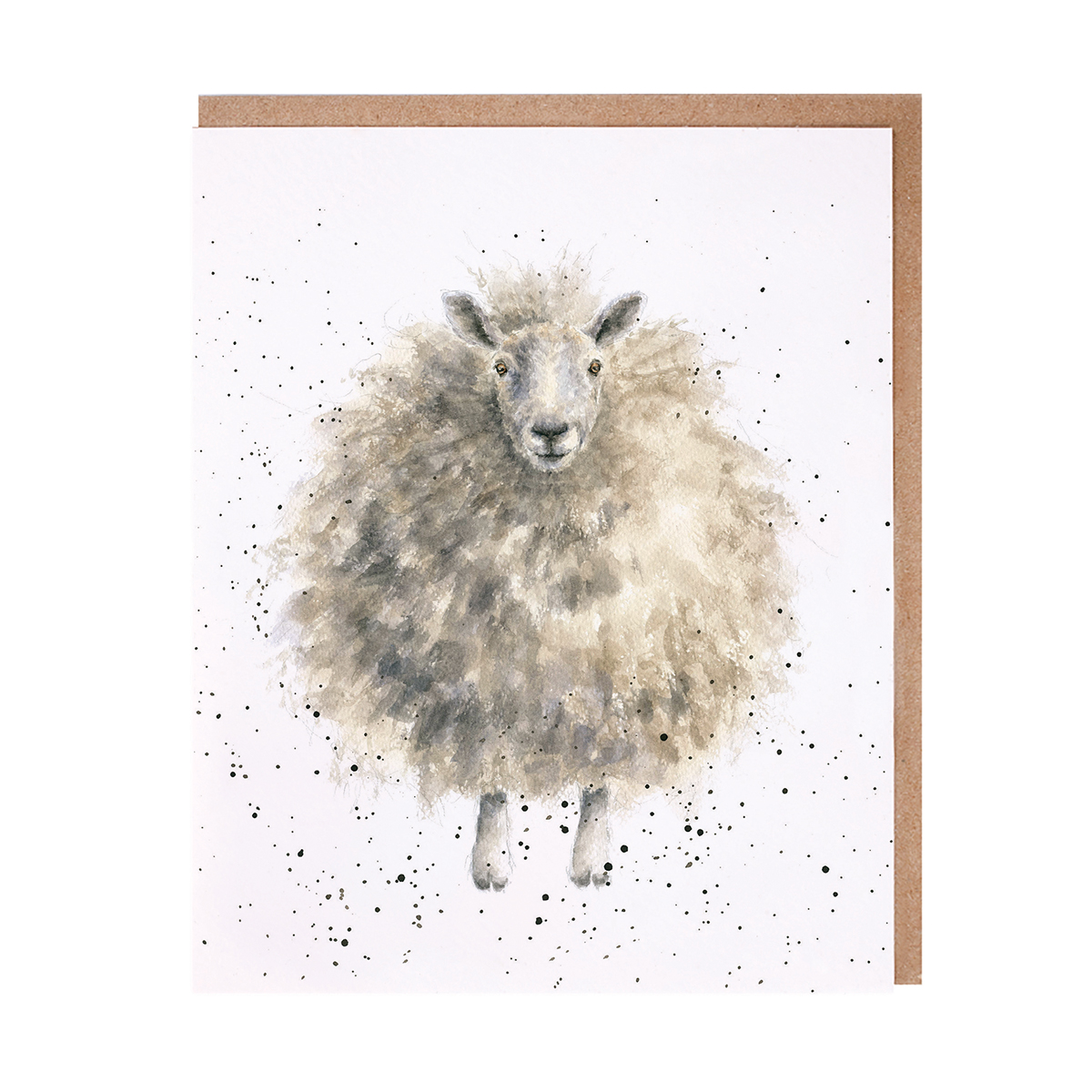 Auf der Karte ist ein Schaf in Aquarellstil abgebildet. Der Hintergrund ist weiß mit kleinen Farbspritzern.