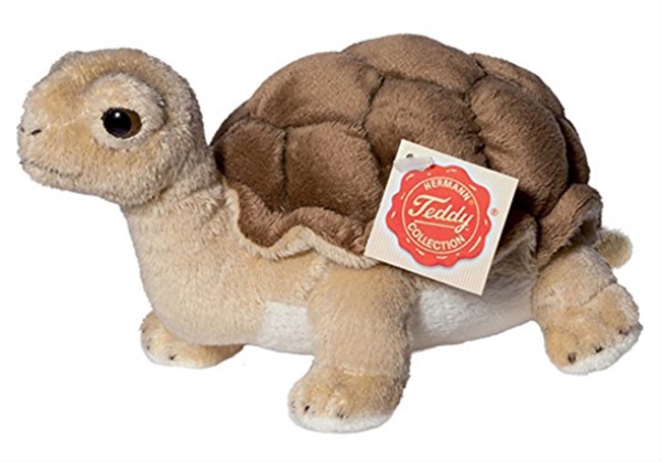 Das Bild zeigt ein braunes Plüschtier in Form einer Schildkröte. An der Seite ist ein Etikett mit der Aufschrift "Teddy Collection" befestigt.