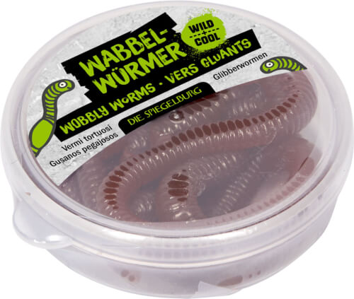 In der Verpackung befinden sich wackelige Gummiwürmer. Das Etikett zeigt, dass es sich um "Wabbelwürmer" von Die Spiegelburg handelt.