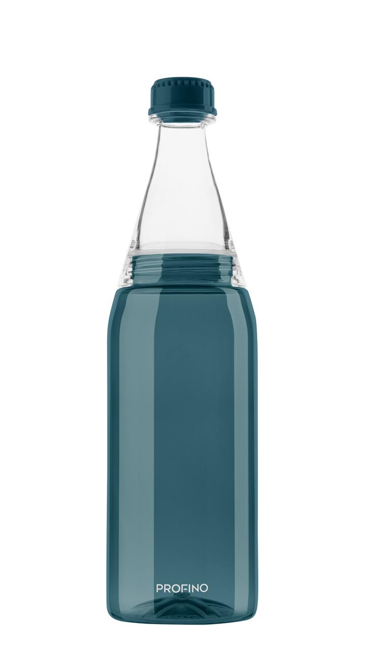 Die Abbildung zeigt eine blaue Wasserflasche mit einem Fassungsvermögen von 750 ml. Auf der Flasche steht unten das Wort "PROFINO".