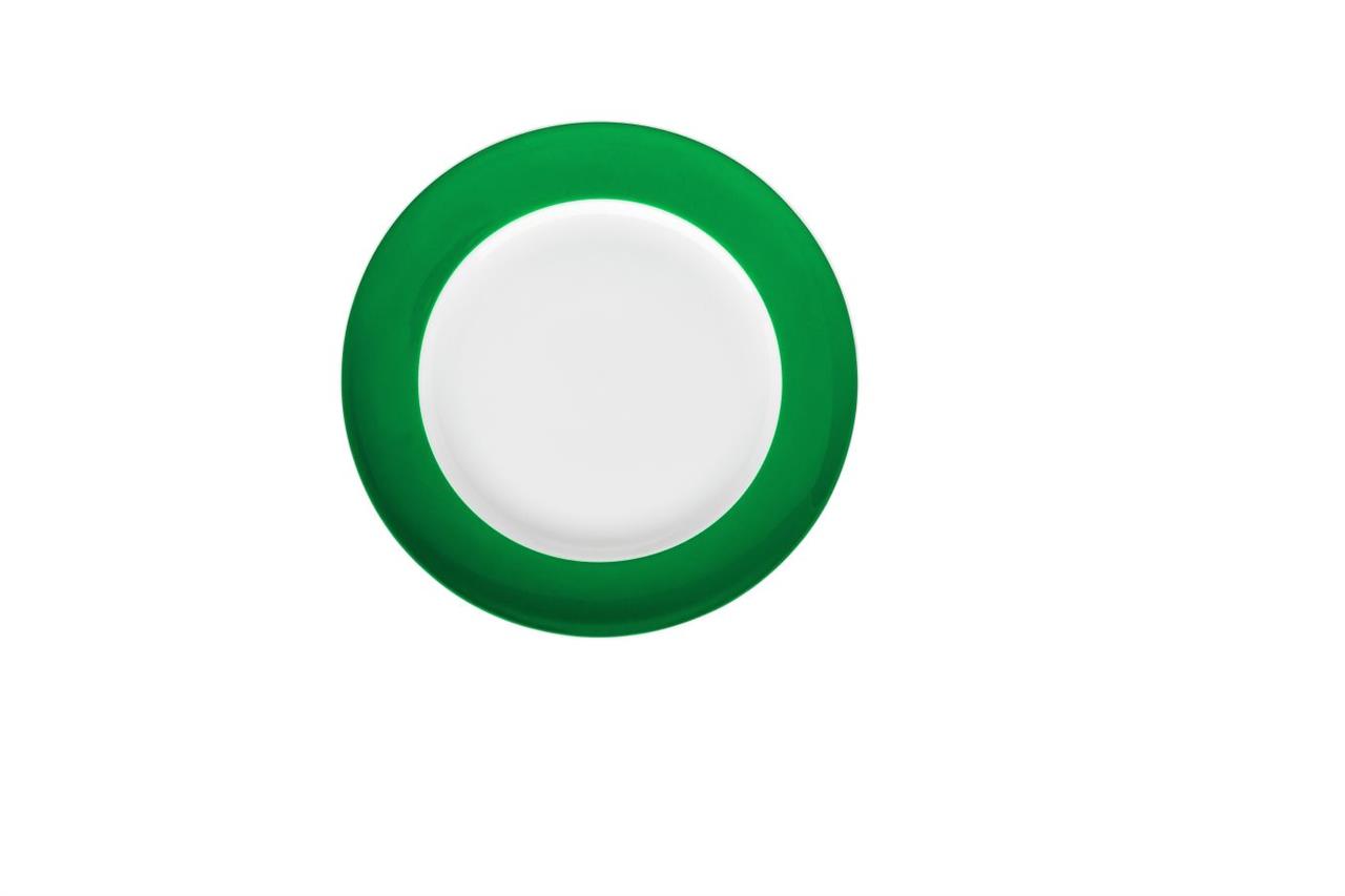 Auf dem Bild ist ein Frühstücksteller mit einem Durchmesser von 22 cm zu sehen. Der Teller ist innen weiß und hat einen breiten, grünen Rand (Sunny Day / Seaside Green).