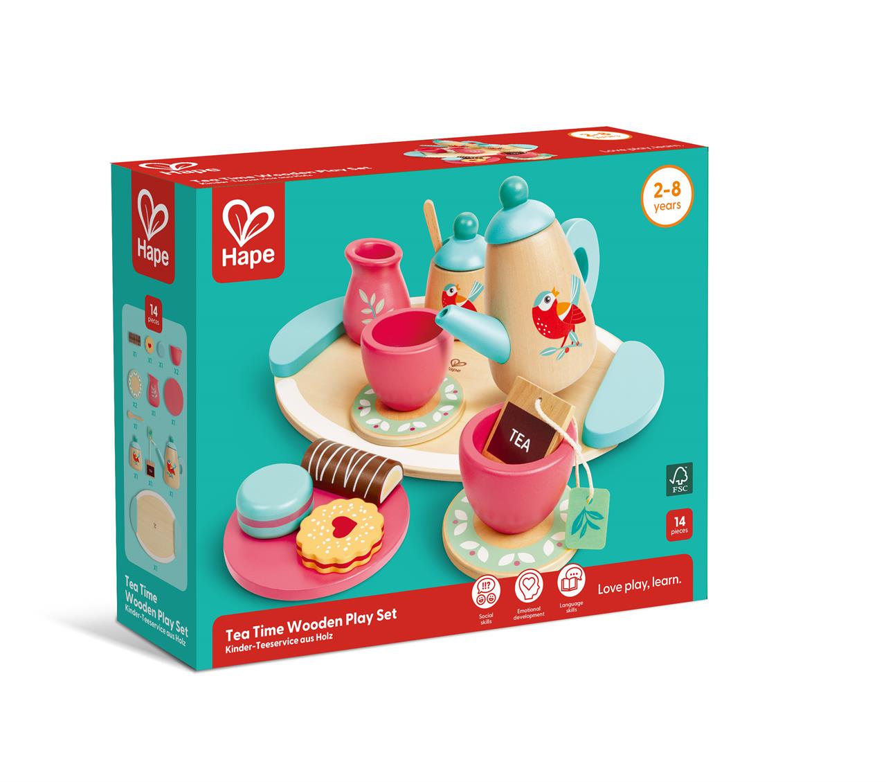 Das Bild zeigt ein buntes Kinder-Teeservice aus Holz von Hape. Im Set sind eine Teekanne, Tassen, Untertassen und Spielzeuggebäck enthalten.