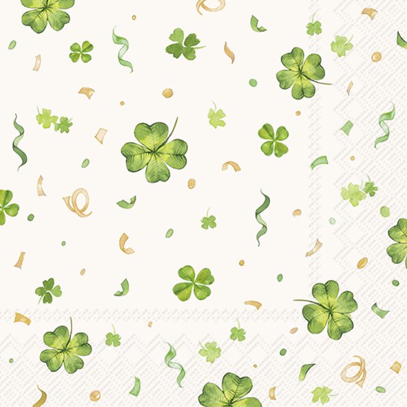 Servietten mit Kleeblatt-Motiv in Cremefarben für Glücksmomente. Das Produkt heißt Lucky Clover cream Lunch-Servietten L1092960.