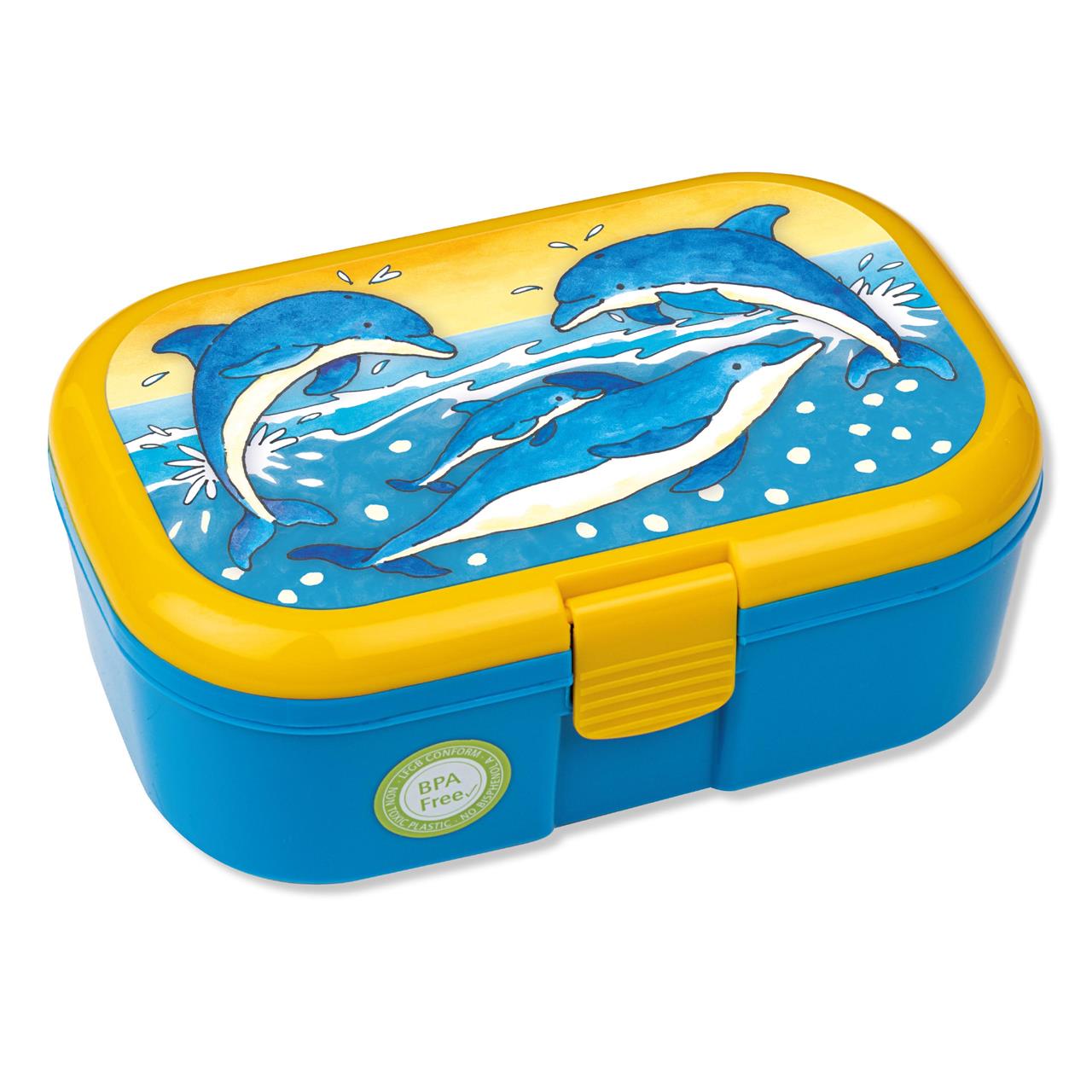 Die Brotdose "Lunchbox Delfin Motiv Nr. 2" ist blau und gelb und zeigt fröhliche Delfine auf dem Deckel. Sie ist BPA-frei und ideal für Kinder geeignet.