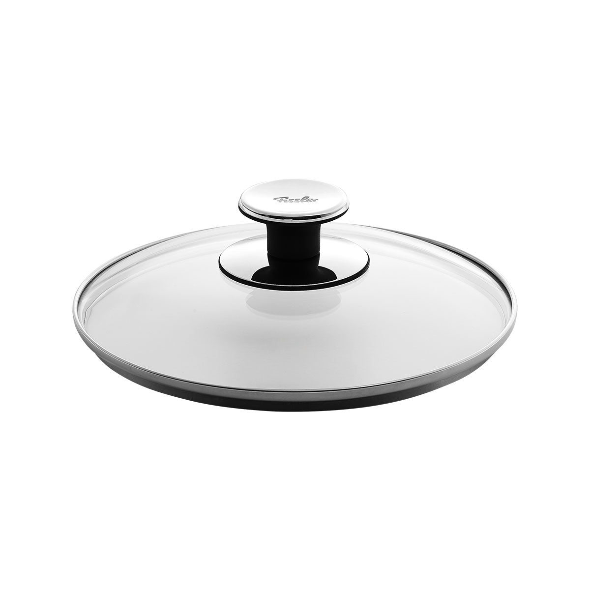 Abgebildet ist ein Glasdeckel für einen mittelgroßen Kochtopf. Der Deckel ist klar und hat einen schwarzen Griff.