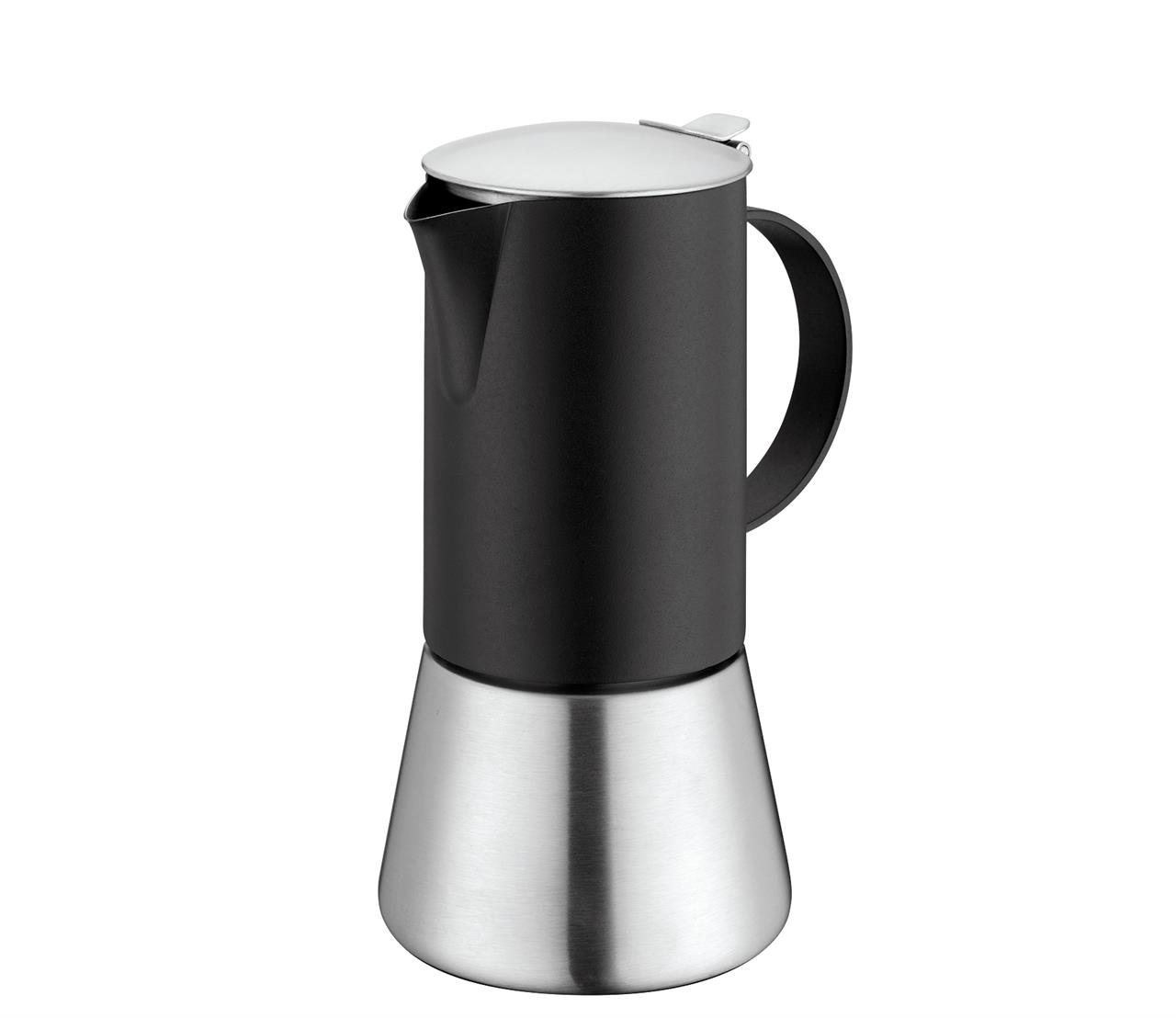 Der Espressokocher 6T Aida schwarz ist ein moderner Espressokocher mit einem schwarzen Oberteil und einem silbernen Boden. Er hat ein elegantes Design und einen praktischen Griff.