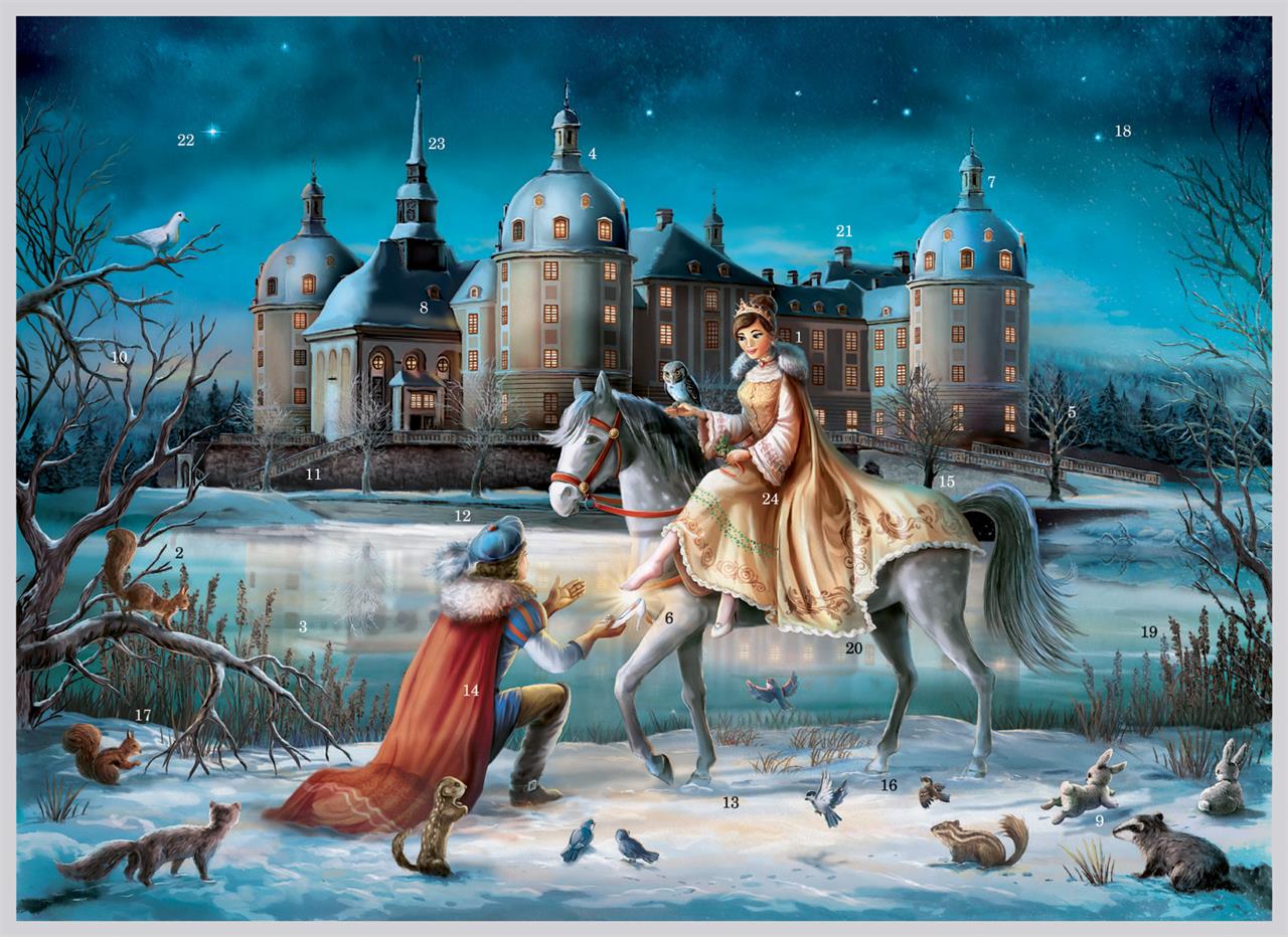 Das Bild zeigt ein märchenhaftes Schloss im Winter mit einer elegant gekleideten Frau auf einem Pferd und einem knienden Mann, der ihr einen Schuh reicht. Im Vordergrund sind verschiedene Tiere im Schnee zu sehen, während das Schloss im Hintergrund beleuc