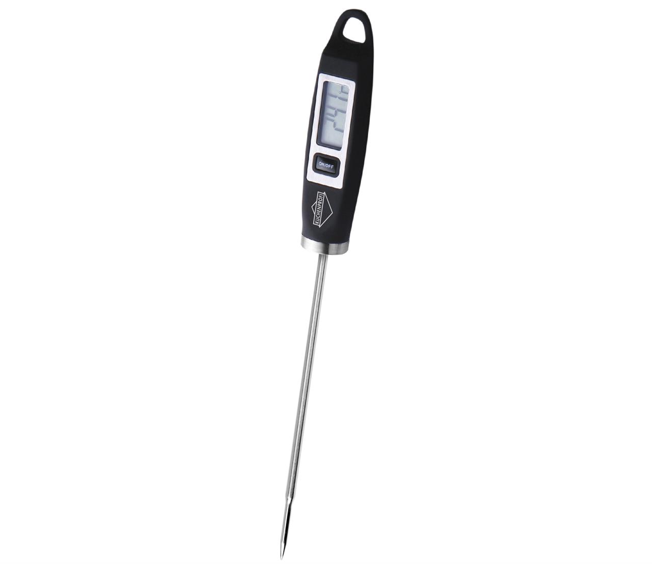 Auf dem Bild ist ein digitales Thermometer mit einer langen Metallsensor-Spitze zu sehen. Es hat ein Display und einen Knopf zum Ein- und Ausschalten.