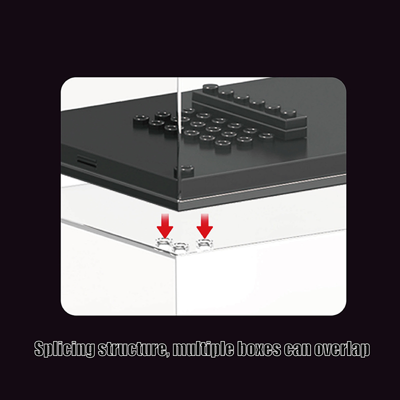 Das Bild zeigt eine Überlappungsstruktur des Mould King® 27000 Minicar Lighting Showcase. Mit diesem Splicing-Design können mehrere Boxen übereinander gestapelt werden.
