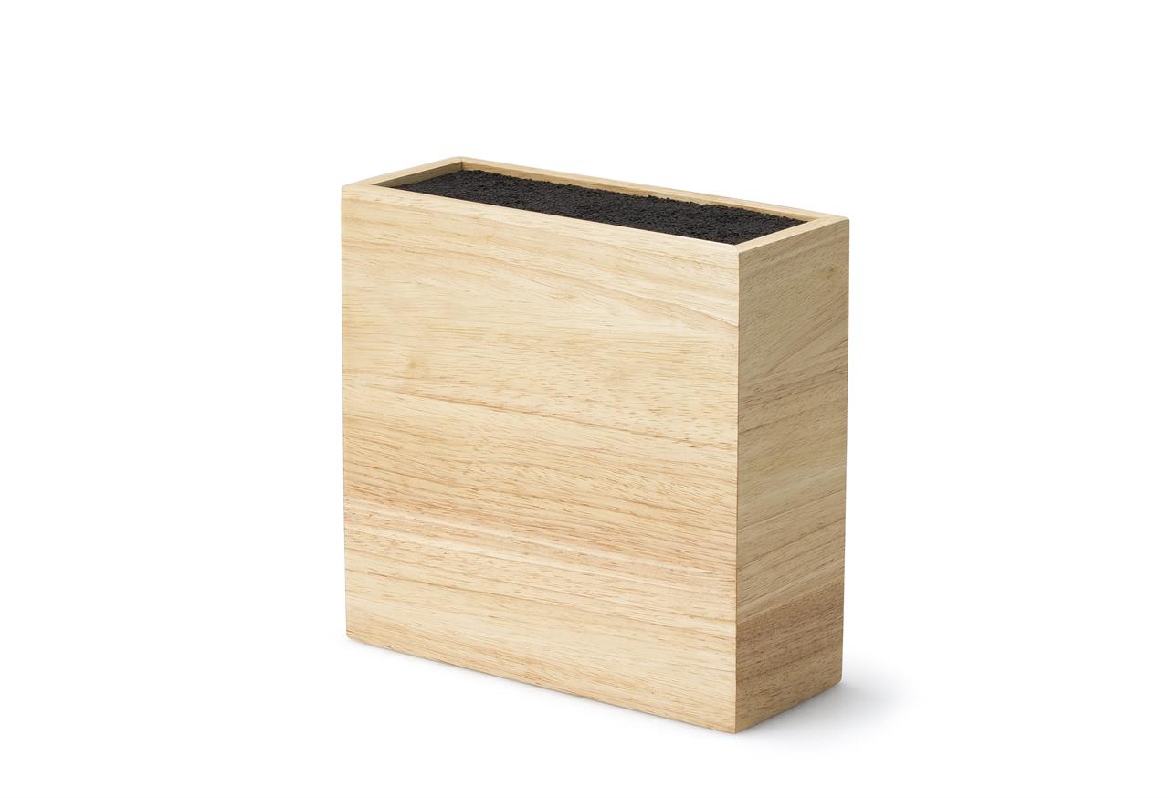 Der Messerblock mit flexiblem Einsatz besteht aus Gummibaumholz. Er hat eine schlichte, rechteckige Form und bietet Platz für verschiedene Messergrößen.