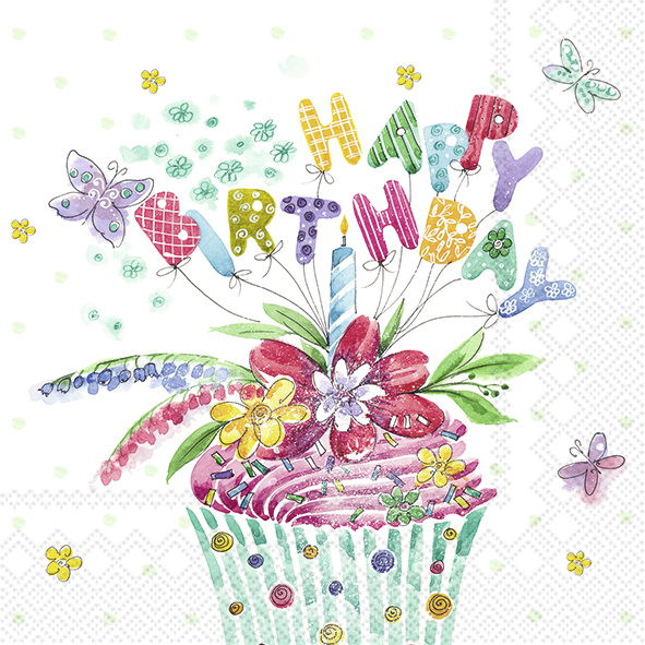 Das Bild zeigt eine bunte Serviette mit einem Cupcake, der mit Blumen, einer Kerze und Dekoration geschmückt ist. Über dem Cupcake steht in bunten Buchstaben "Happy Birthday" und um ihn herum fliegen Schmetterlinge.