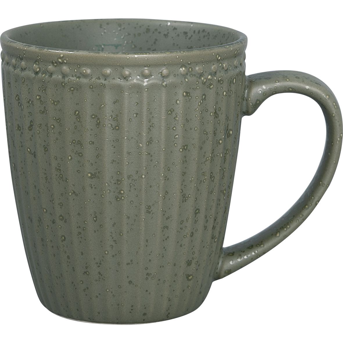 Dies ist ein olivgrüner Henkelbecher mit dem Namen "Alice". Der Becher hat eine strukturierte Oberfläche mit kleinen Punkten.