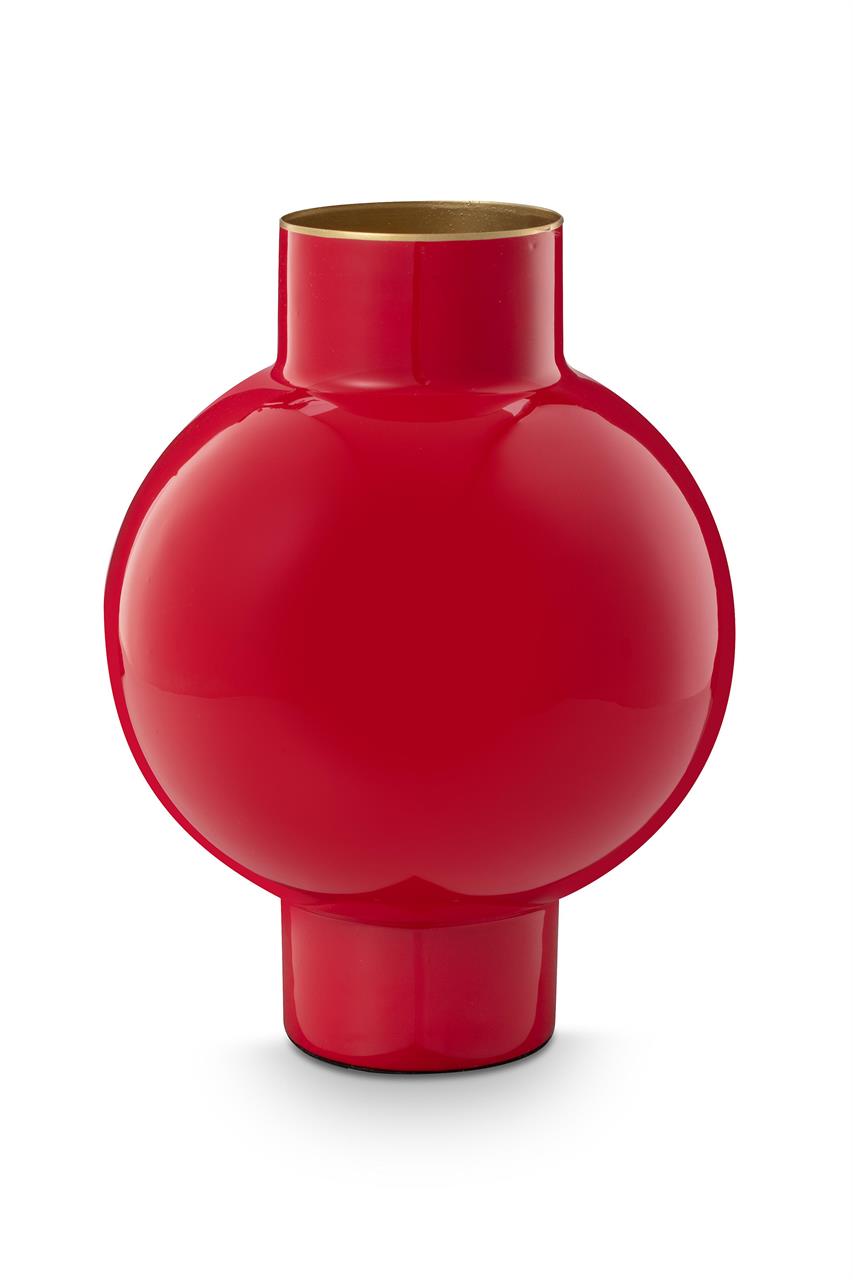 Die Abbildung zeigt eine kleine Vase aus Metall in roter Farbe. Die Vase hat eine runde Form und misst 18 x 24 cm.