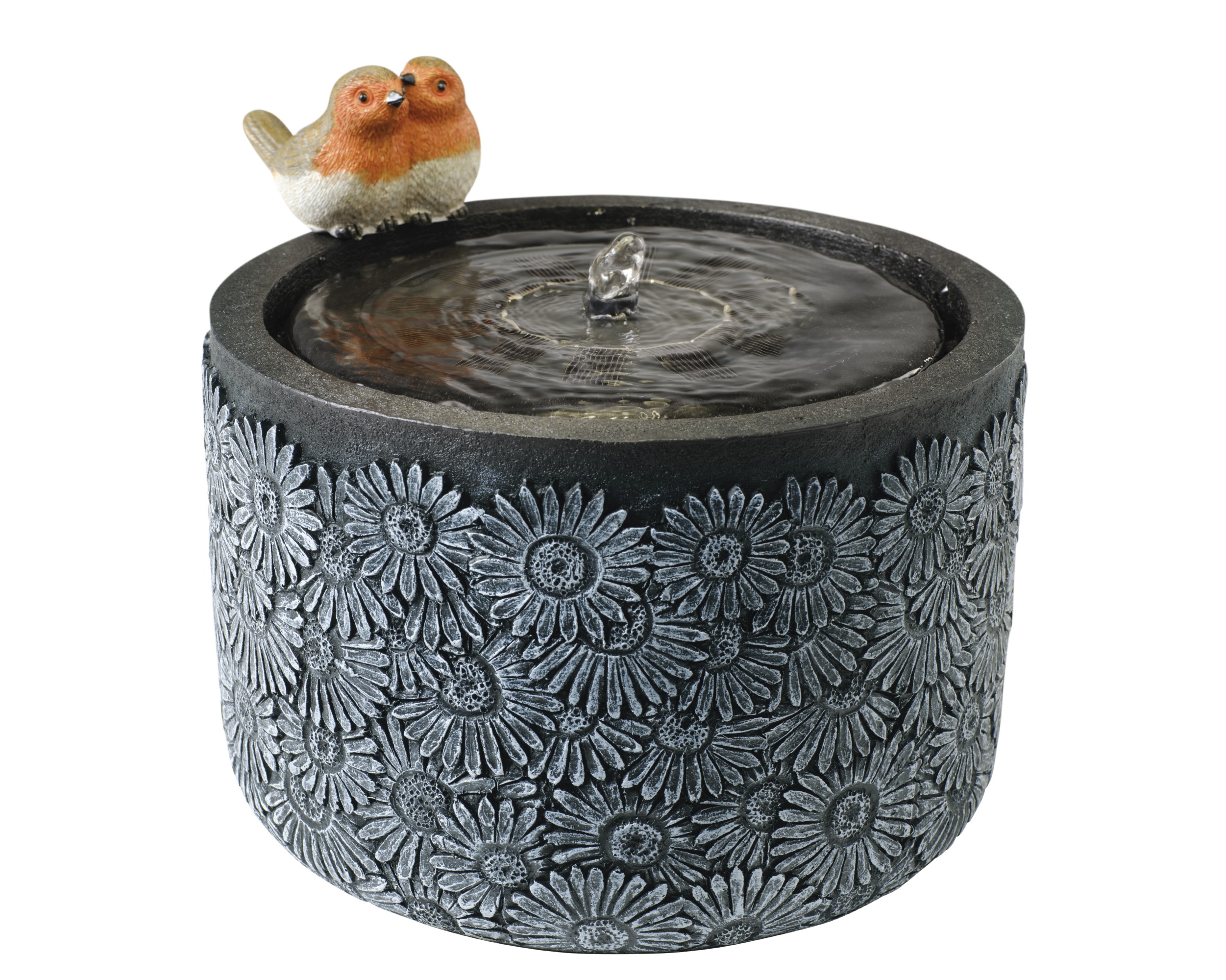 Außenbrunnen aus Polyresin, solarbetrieben in Anthrazit. Das Produkt ist auf dem Bild zu erkennen.