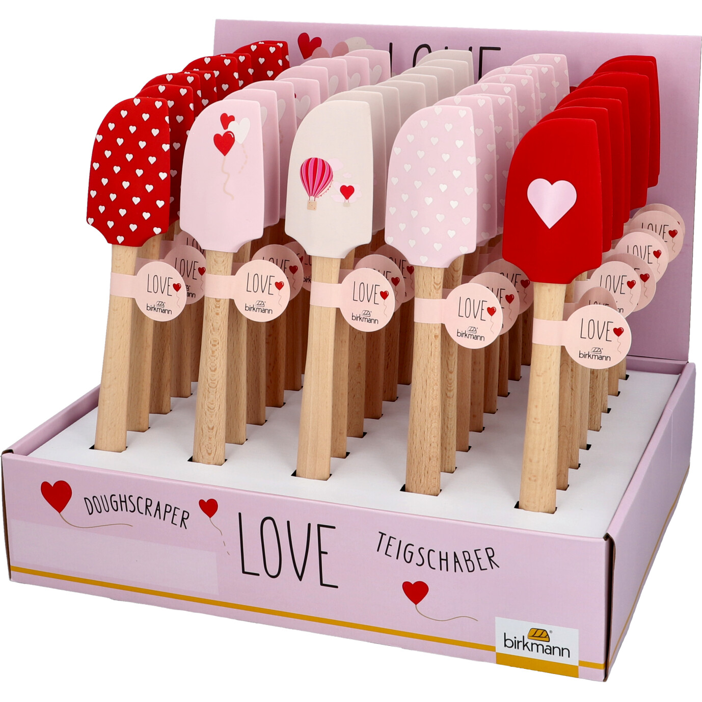 Teigschaber Love 2025 sortiert. Ein Teigschaber aus der Serie Love 2025, sortiert in verschiedenen Designs.
