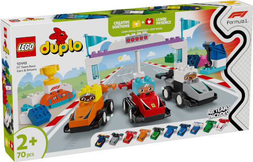 Auf dem Bild ist eine LEGO Duplo Spieleset-Packung mit Rennwagen und Fahrern zu sehen. Das Set ist für Kinder ab 2 Jahren und besteht aus 70 Teilen.