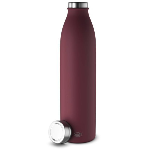 Auf dem Foto ist eine dunkelrote Isolierflasche. Das Produkt steht auf einer hellen Fläche.