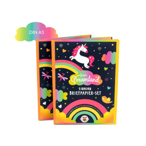 Auf dem Bild sind zwei bunte Briefpapier-Sets mit einem Einhorn, Regenbogen und Sternen abgebildet. Oben steht „Dreamland Einhorn Briefpapier-Set“ in fröhlichen Farben auf dem Cover.
