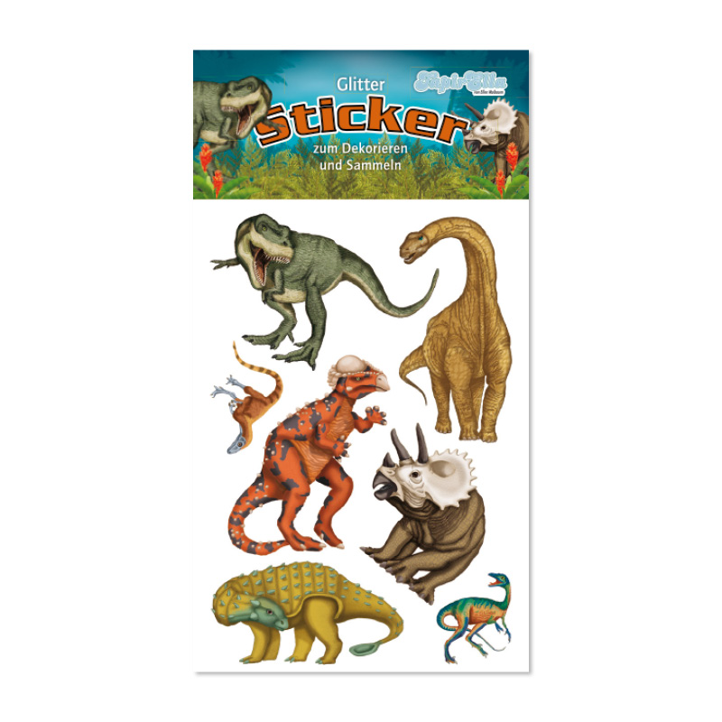 Das Bild zeigt ein Set von Glitterstickern mit verschiedenen Dinosauriern. Die Sticker sind zum Dekorieren und Sammeln gedacht.