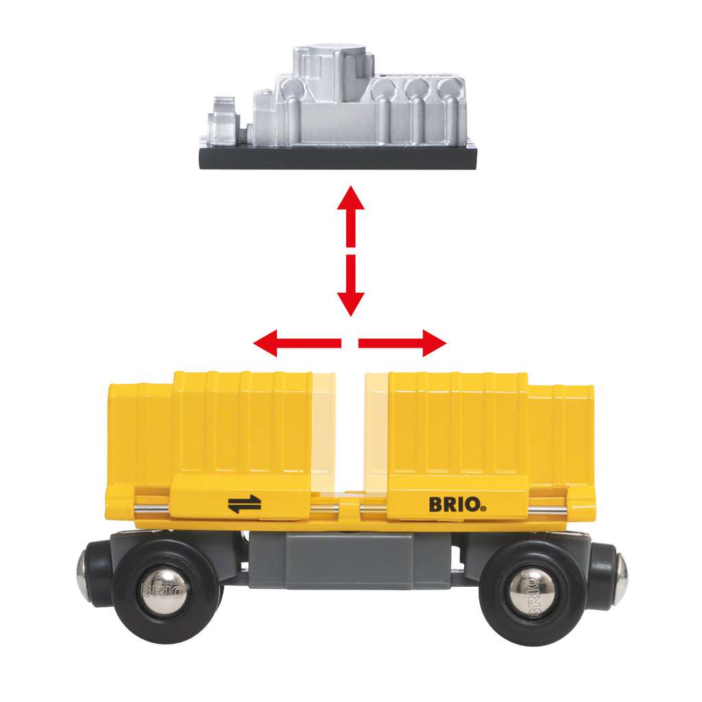 Das Bild zeigt einen gelben Waggon des BRIO® World Drei-Wagen-Güterzugs 33982 mit einer beweglichen Ladung. Rote Pfeile zeigen, dass die silberne Fracht herausgenommen oder eingesetzt werden kann.